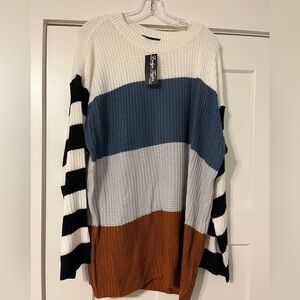 Colorblock Sweater with Striped Sleeves